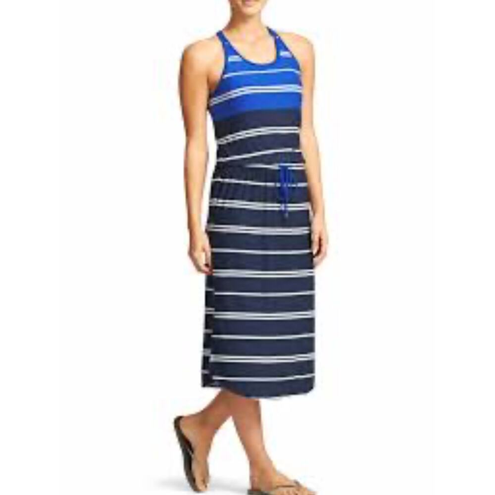 Athleta Womens Cressida Stripe Maxi Dress S Blue Navy Shelf Bra Style 439149 NWT